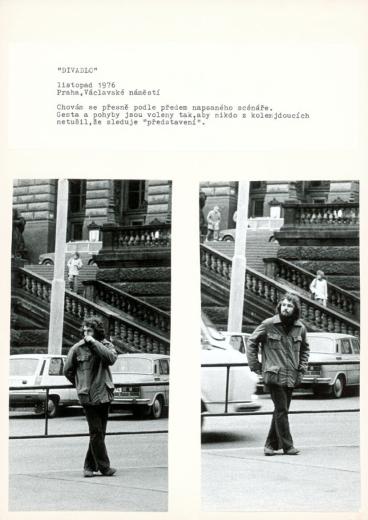 "THEATRE", November 1976, Wenceslas Square, Prague, I follow a previously written script to the letter. Gestures and movements have been selected so that passers-by will not suspect that they are watching a “performance”