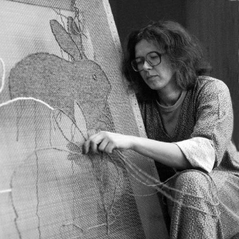 Zorka working on a tapestry, which is on the cover the cataloge from her 2006 Prague National G ...