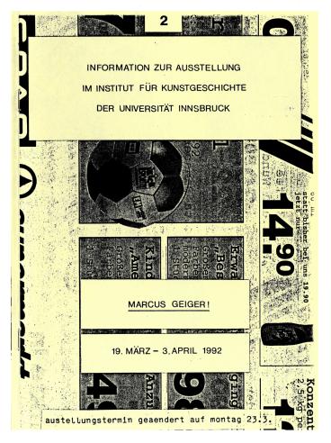 Info zur Ausstellung am Institut für Kunstgeschichte der Universität Innsbruck, Marcus Geiger, 1992
